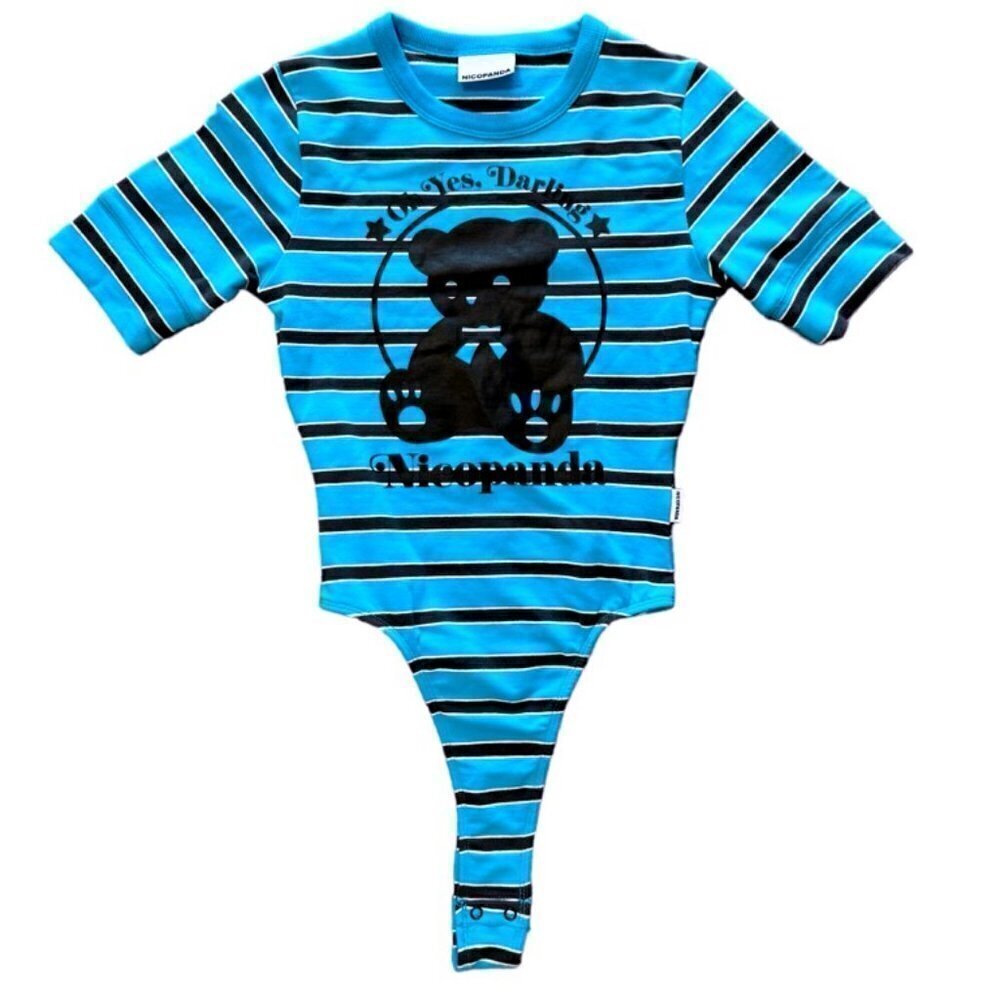 Nicopanda NWOT Blue Black Striped Teddy Bear Thong Bodysuit